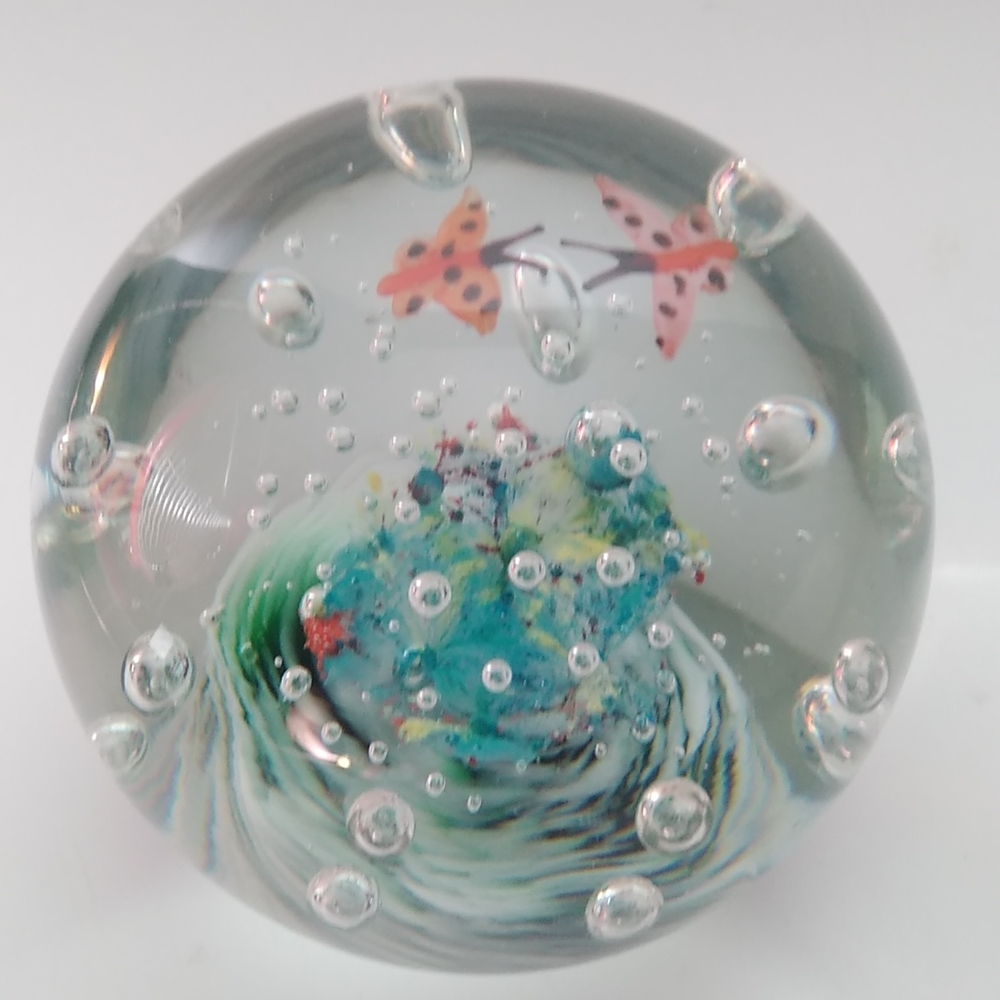 Beautiful, Vintage Round Glass Paperweight. Vibrant Colors Butterflies & Bubbles